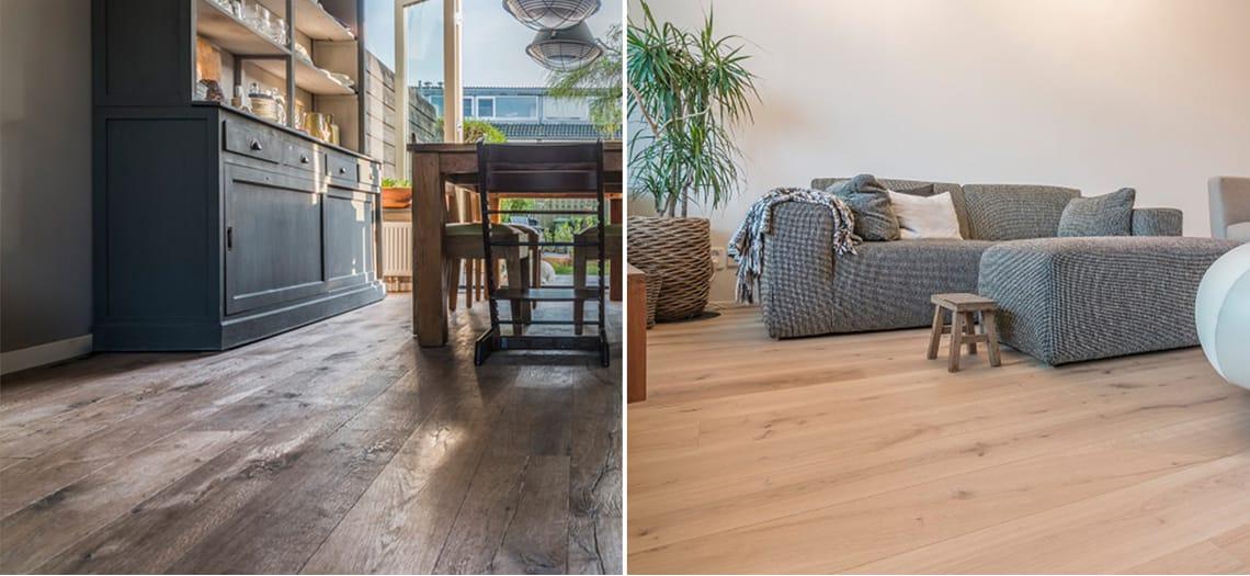 Woonkamer met houten vloer en een zithoek