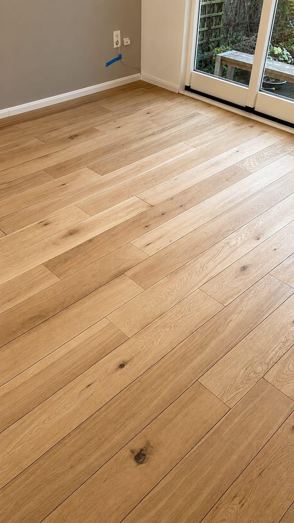 Lichte eiken strokenvloer, van dichtbij