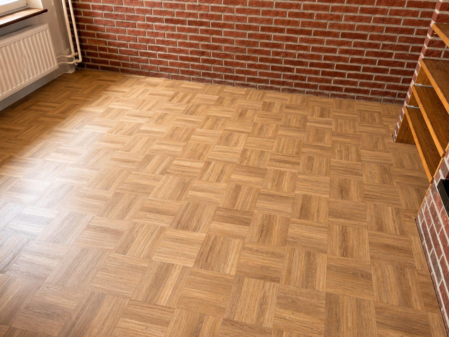 Eiken mozaiekvloer voor een bakstenen muur