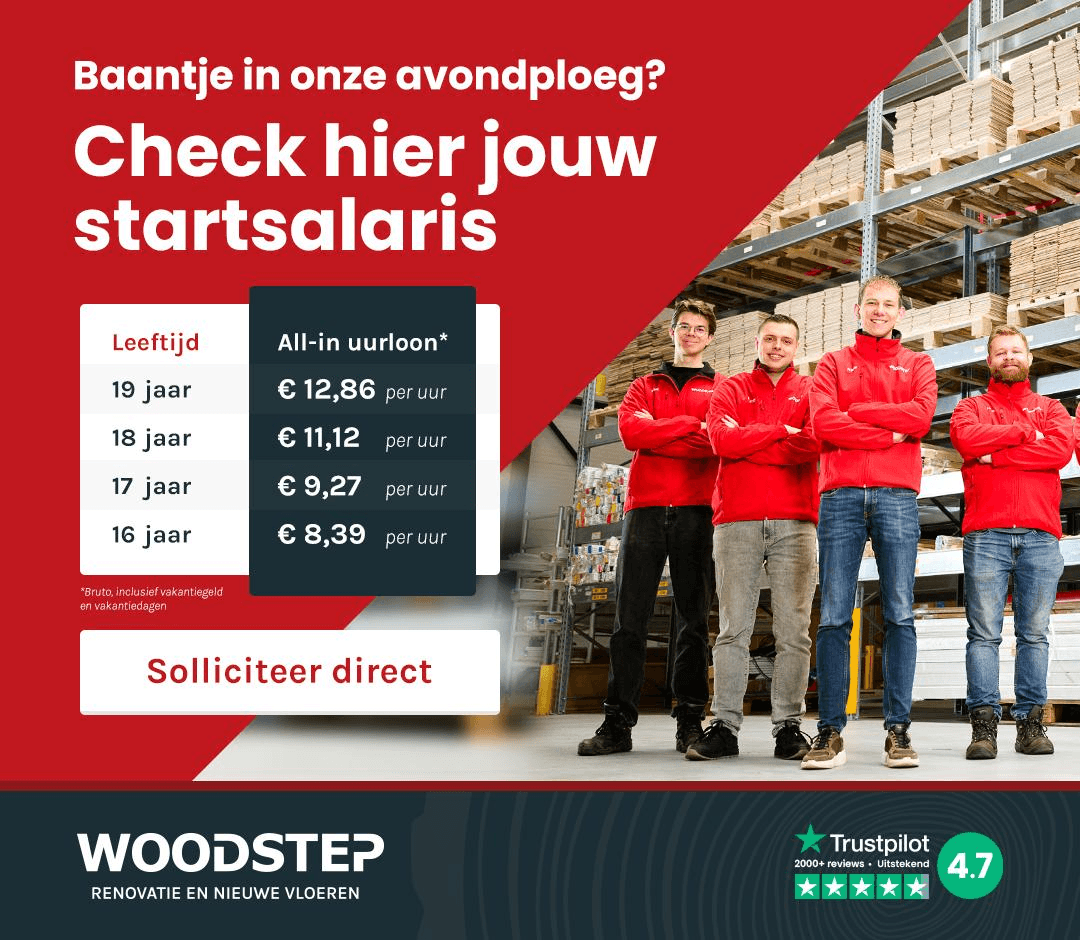 Starting salary for the evening shift, all-in gross hourly wage including holiday pay and holiday days: age 19 € 12.86 per hour, age 18 € 11.12, age 17 € 9.27 and age 16 € 8.39.